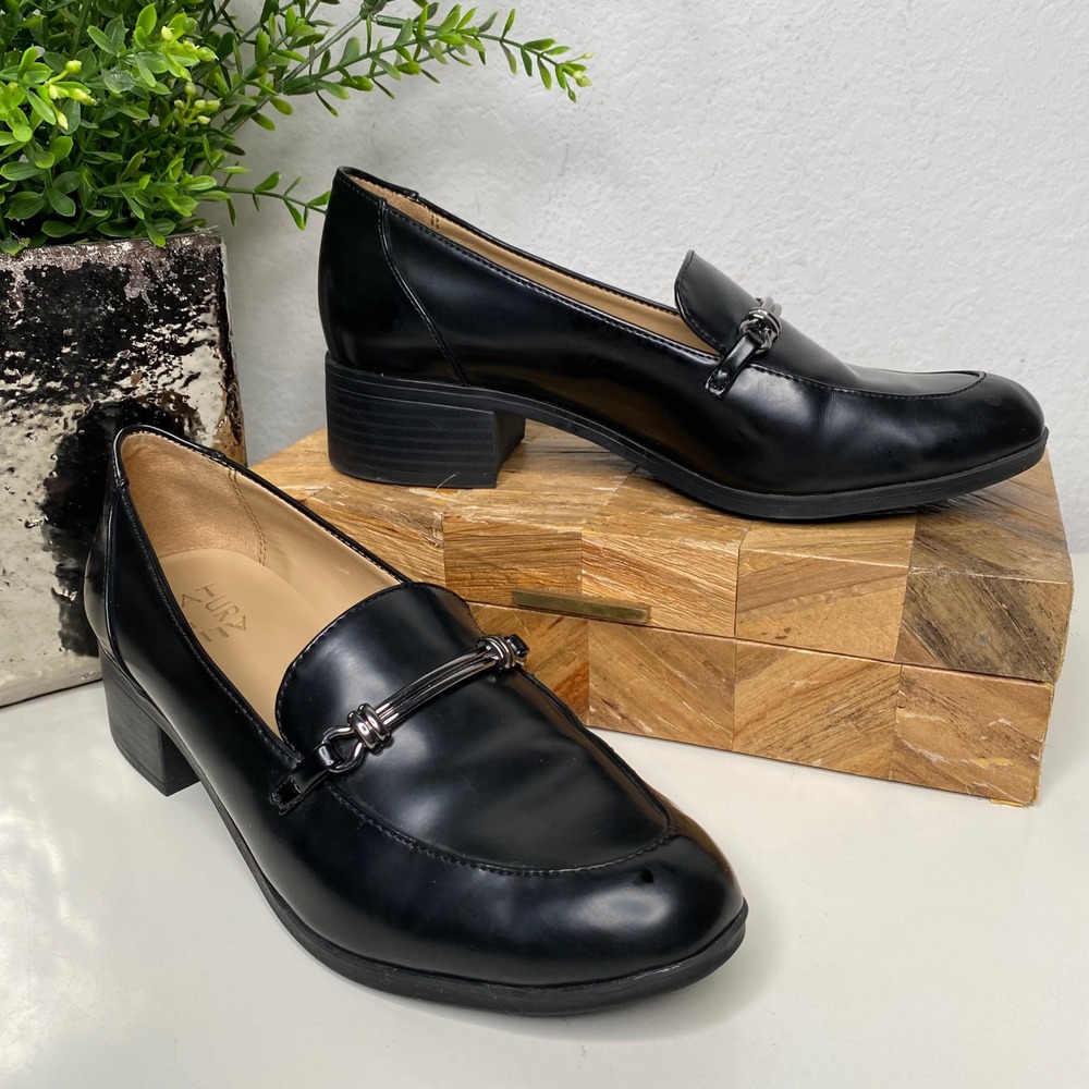 Naturalizer Black Naples Slip-on Faux Leather Loafers with Silver Bit Detail 7.5